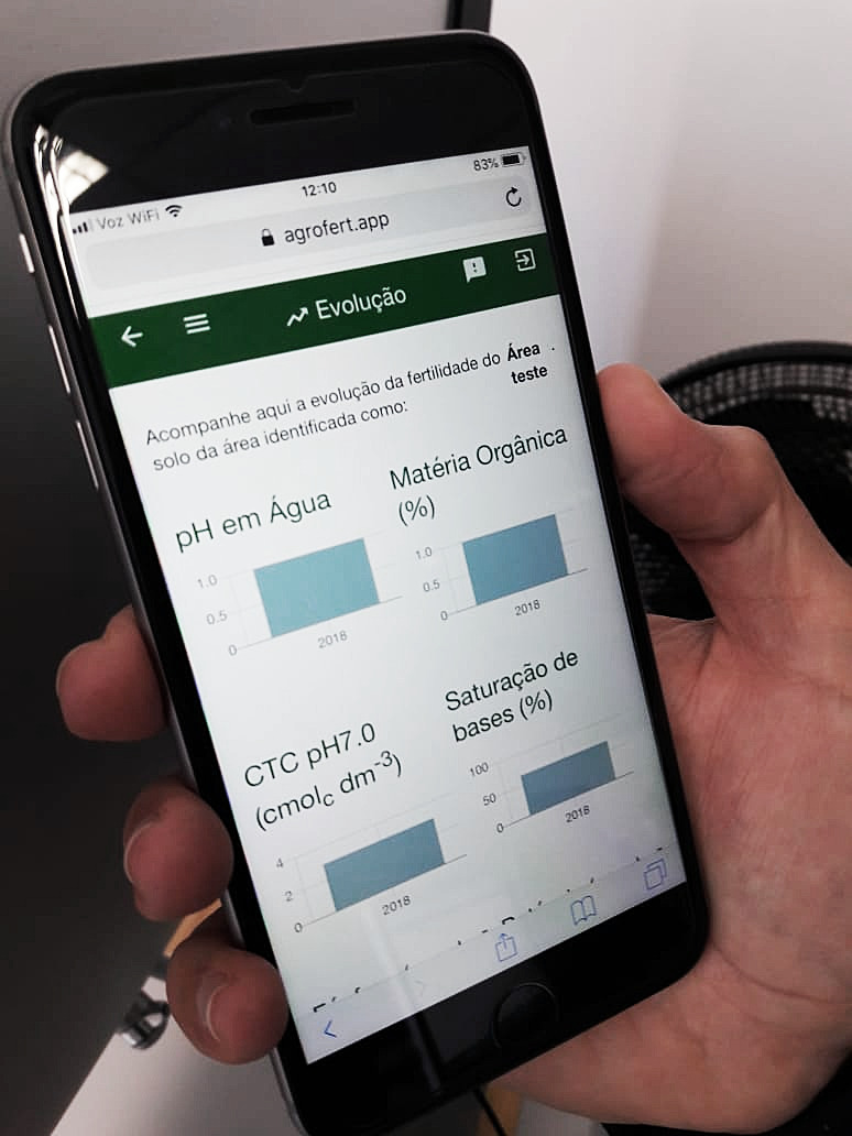 Imagem de uma mão segurando um celular que mostra o APP na tela