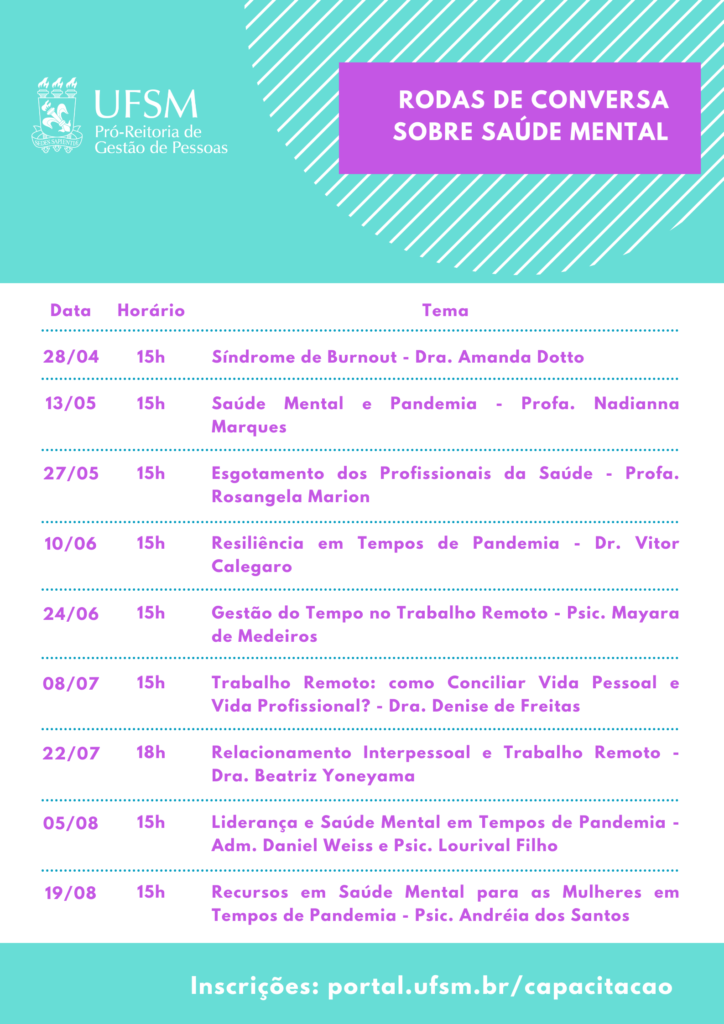 Cartaz branco com lilás e azul claro e programação Roda de Palestras sobre Saúde Mental