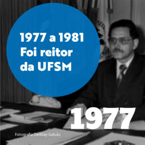 Imagem cinza e azul com texto: 1977 a 1981 foi reitor da UFSM