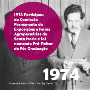 Imagem cinza e vinho com o texto: 1974 Participou da Comissão Permanente de Exposições e Feiras Agropecuárias de Santa Maria e foi nomeado Pró-Reitor de Pós Graduação