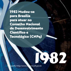 Imagem azul e branca com texto: 1982 Mudou-se para Brasília para atuar no Conselho Nacional de Desenvolvimento Científico e Tecnológico (CNPq)