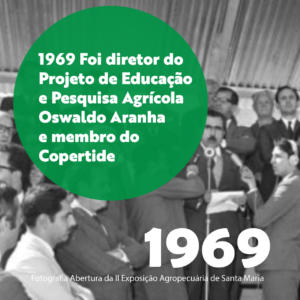 Imagem cinza e verde com texto: 1969 Foi diretor do Projeto de Educação e Pesquisa Agrícola Oswaldo Aranha e membro do Copertide