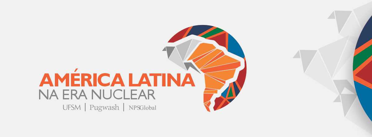 Banner branco com ilustração da América Latina em laranja e texto: América Latina na Era Nuclear
