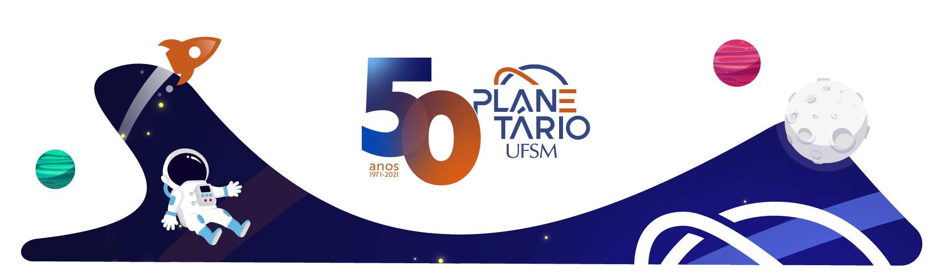 Banner branco com ilustração de planetas e selo dos 50 anos do Planetário