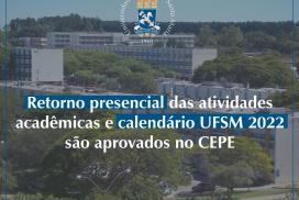 Imagem quadrada colorida de visa aérea do campus em segundo plano e de texto em primeiro plano sobre o retorno presencial das atividades acadêmicas