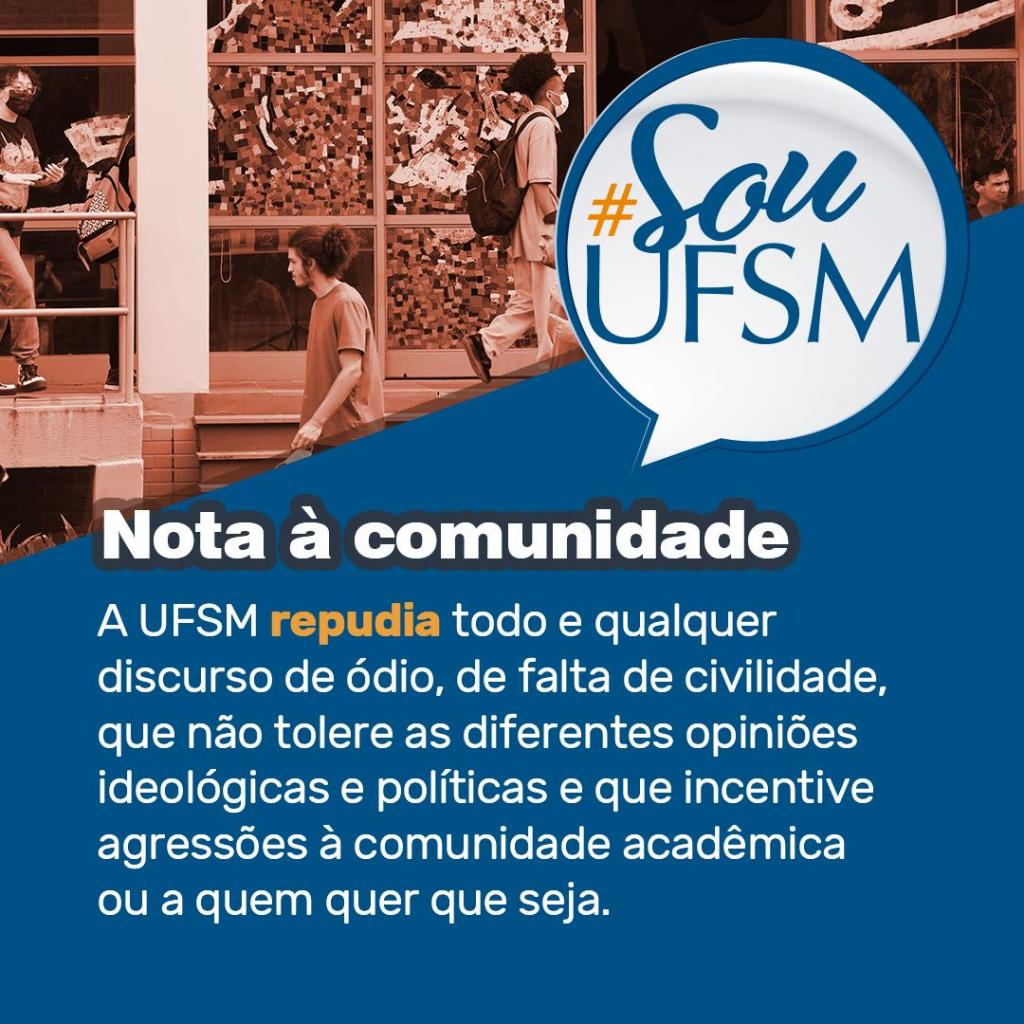 Fotos de estudantes de perfil andando na frente de prédio. Nota à comunidade. #SouUFSM