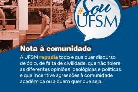 Fotos de estudantes de perfil andando na frente de prédio. Nota à comunidade. #SouUFSM