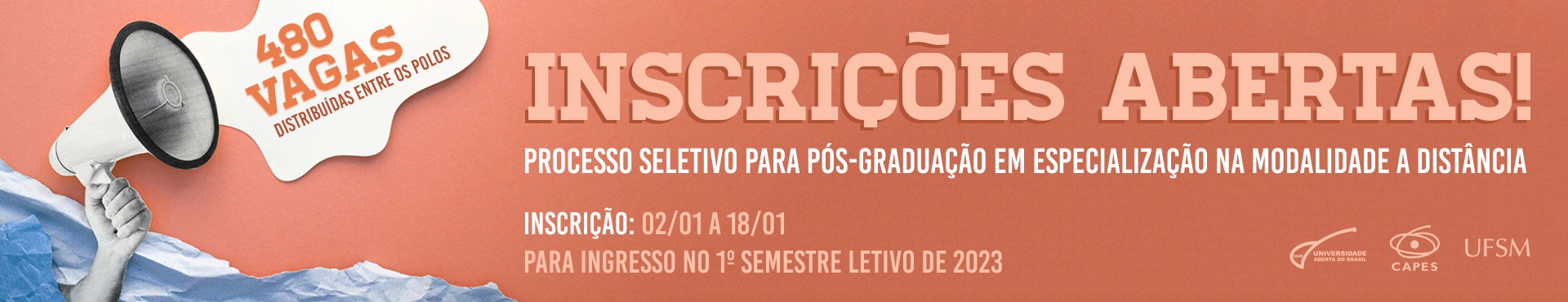 Banner salmão com texto: Inscrições abertas até 18 de janeiro para 480 vagas de especialização EaD