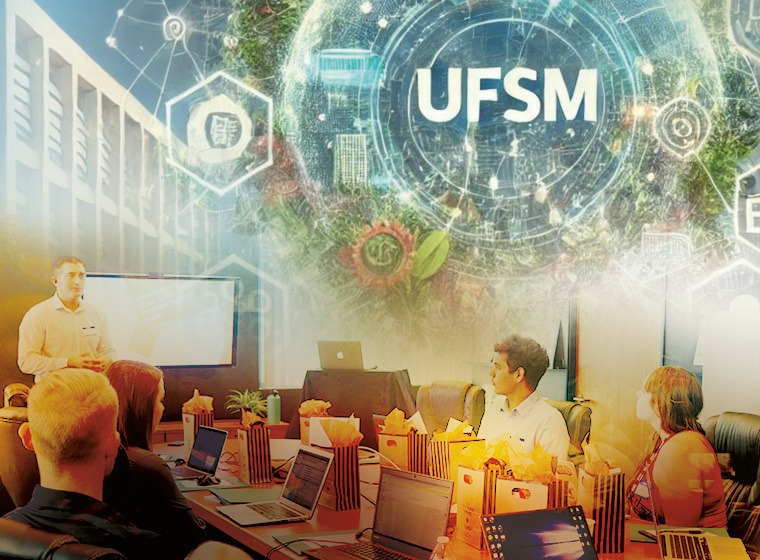 arte colorida horizontal, mesclando uma foto de pessoas ao redor de uma mesa, no canto inferior esquerdo, e a inscrição UFSM cercada de elementos ligados à inovação, formando uma espécie de galáxia, no canto superior direito