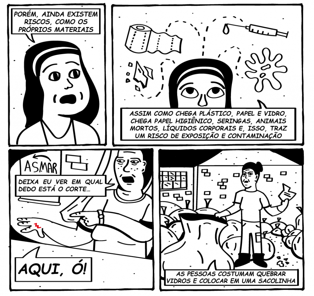 As imagens trazem a professora e a catadora. O destaque é o quadro em que Margarete mostra o mão com um corte. A ilustração usa o vermelho na mão, única cor usada até então