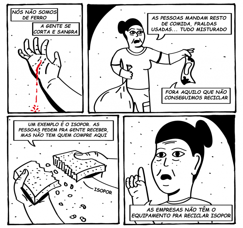 A partir do 23º, a HQ trata do isopor, material que os catadores não recebem porque não há empresas interessadas em Santa Maria. No 25º, uma nova personagem conversa com o repórter, a professora Martha Tochetto, aposentada do curso de Química da UFSM, que aparenta ser idosa. Ela comenta:. “O isopor é reciclável, mas, no sistema capitalista, o que não gera lucro acaba sendo inviável”. Sem destino, toneladas acabam nos aterros, custando caro ao meio ambiente.