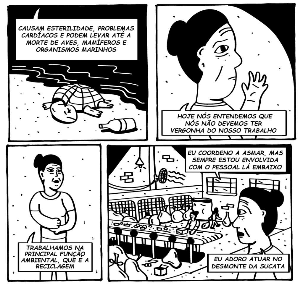 Entre o 34º e o 41°, Margarete conta como mudou sua perspectiva em relação à reciclagem e como é o cotidiano na associação. Ela diz: “Hoje nós entendemos que não devemos ter vergonha do nosso trabalho”, ela afirma. Sua fala vem carregada de orgulho. Na Asmar as tarefas são divididas: um grupo cuida do papel, outro do metal, outro da esteira. Cada um sabe o trabalho que faz. O trabalho poderia ser mais leve se, em casa, as pessoas se preocupassem em separar os resíduos.