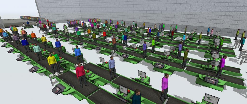 Imagem colorida horizontal mostra a simulação do RU I no software, porém nesta  aparecem os usuários, todos os bonecos são iguais com roupas de cores diferentes, e ao fundo aparece a fila externa, fora do Restaurante