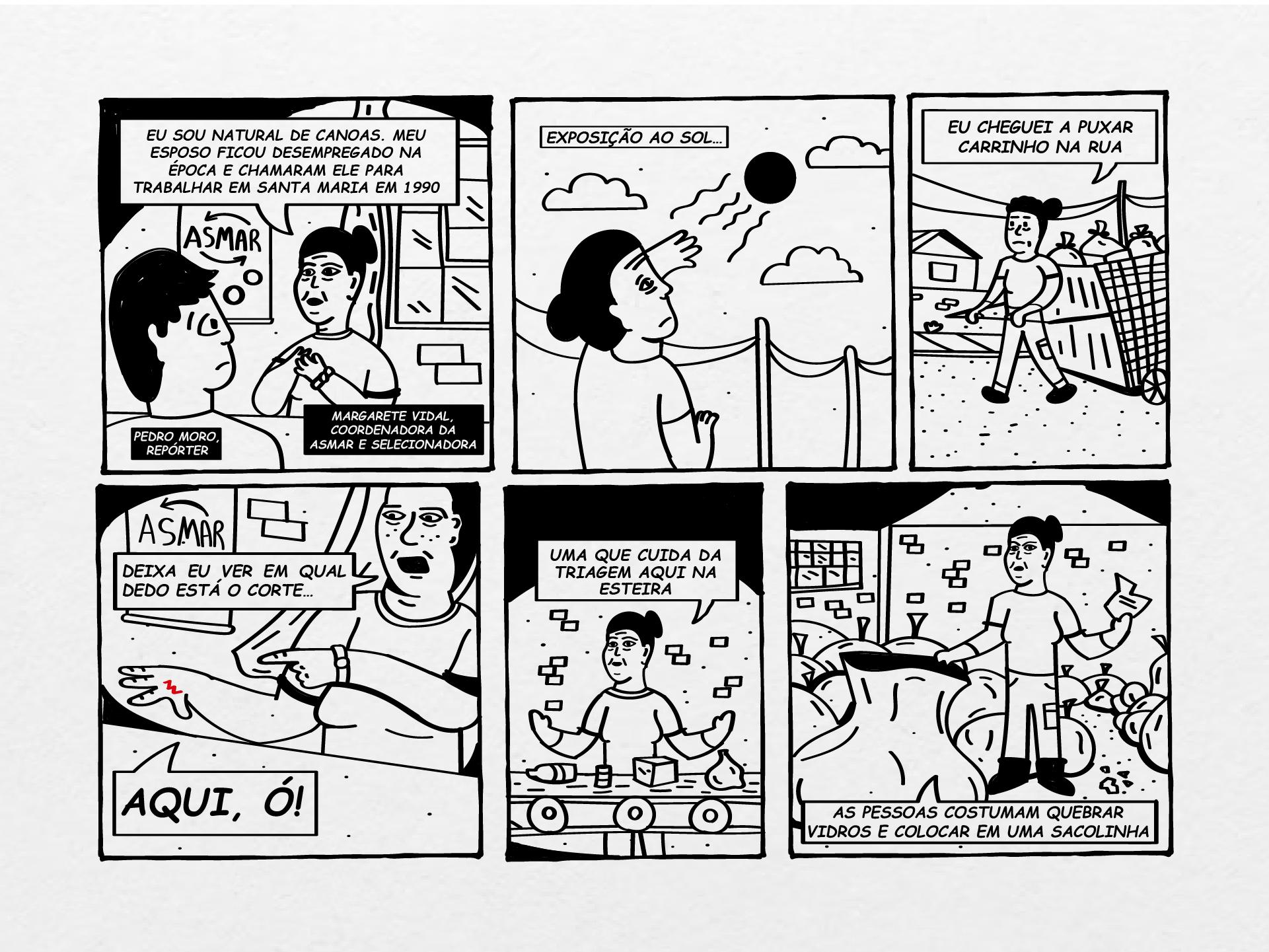 Imagem em preto e branco dividida em cinco quadros que contam parte da história "Não somos de ferro".