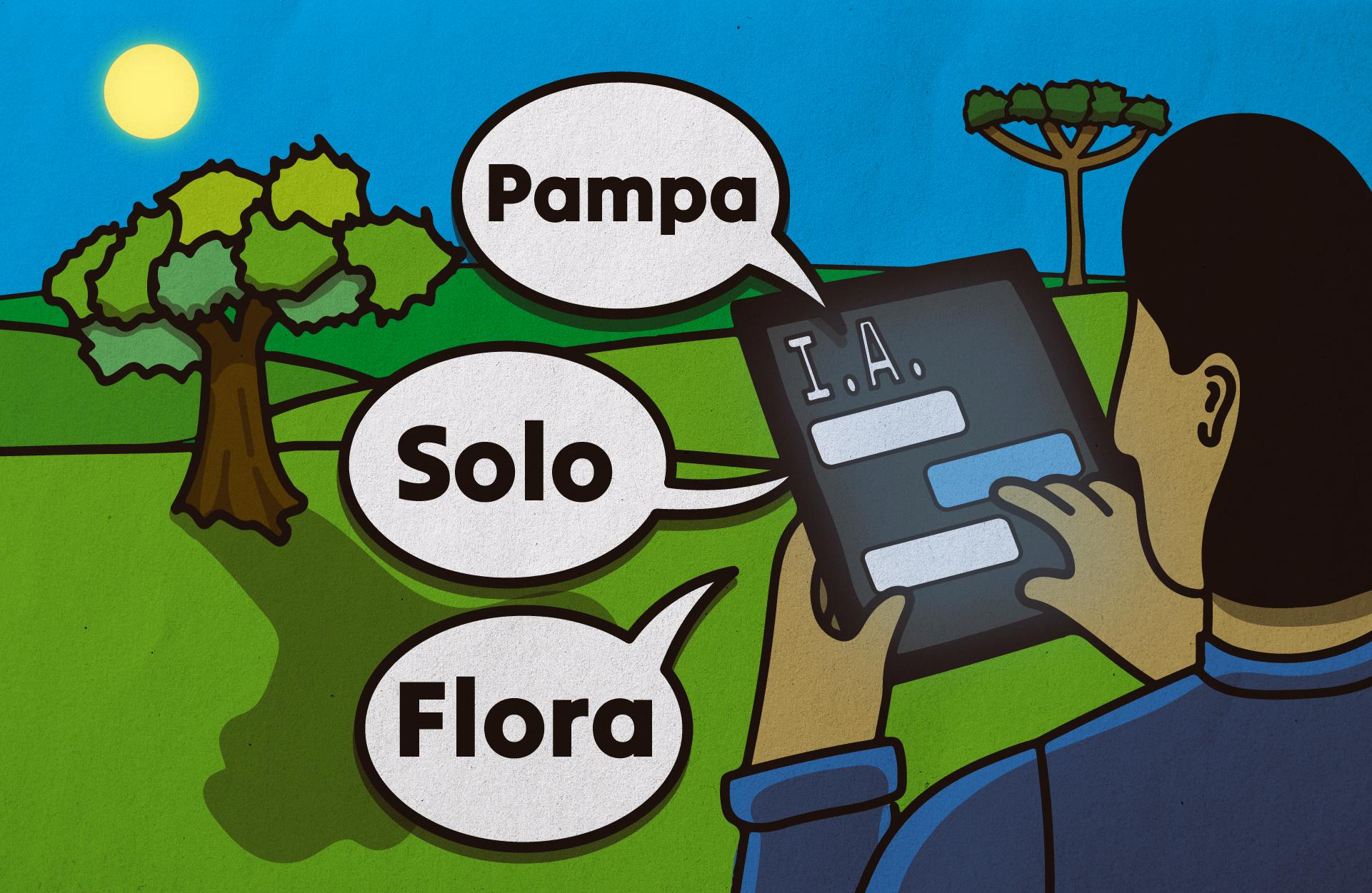 Ilustração colorida horizontal. Pessoa de costas segura um tablet com a sigla “I.A.” na tela. Do dispositivo saem três balões de fala com as palavras “Pampa”, “Solo” e “Flora”. À esquerda, aparece uma árvore com sombra projetada no chão verde. Ao fundo, céu azul com sol amarelo e uma araucária à direita.