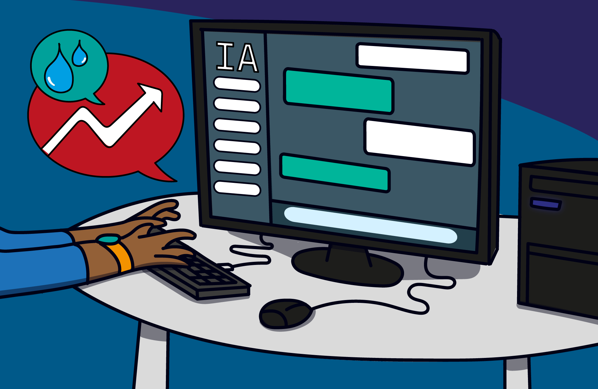 Ilustração colorida horizontal. Mãos digitando em um teclado diante de um monitor de computador. Na tela, aparecem caixas de diálogo verdes e brancas com a sigla “IA” no canto esquerdo. À esquerda do monitor, um balão vermelho com uma seta branca apontando para cima e gotas de água azuis.