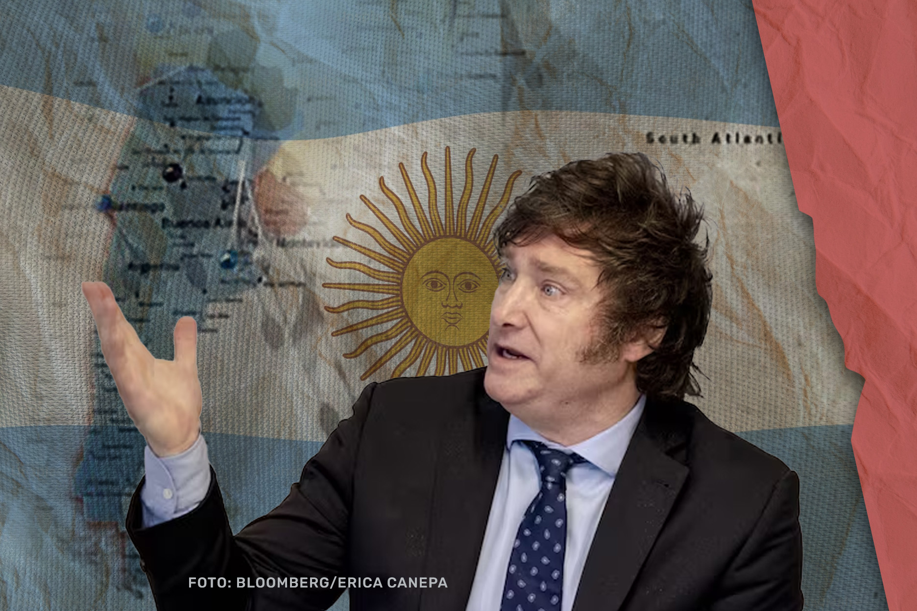 Imagem colorida horizontal de Javier Milei à frente de painel com o mapa da Argentina