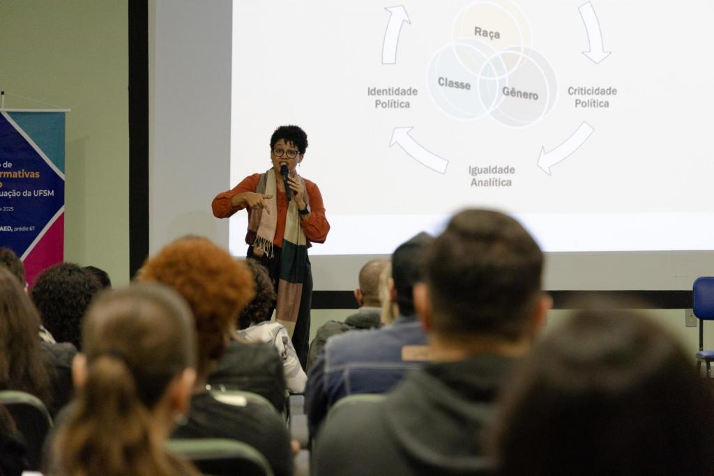 Foto colorida horizontal da professora Daiana, em pé com microfone, frente a um slide em que estão as palavras classe, gênero e raça em círculos convergenes. À frente dela, uma plateia sentada em um auditório