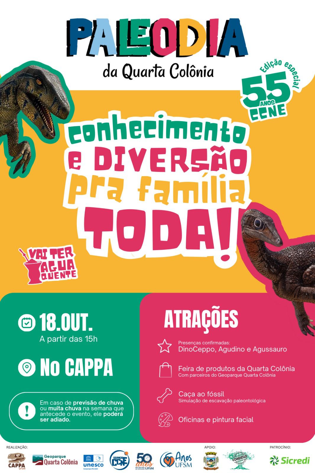Cartaz colorido vertical com imagens de dois dinossauros em cores escuras. O cartaz traz a progamação do Paleodia, já apresentada no texto.