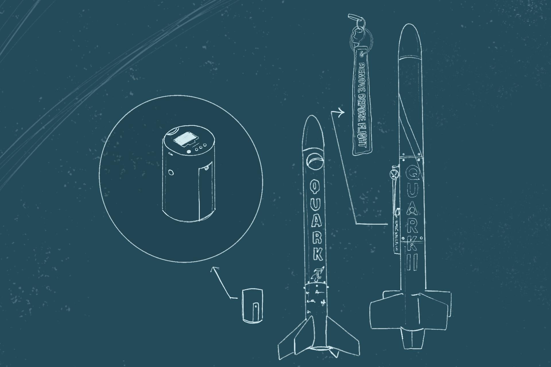Imagem horizontal com desenho em branco em fundo azul escuro. A imagem mostra um foguete