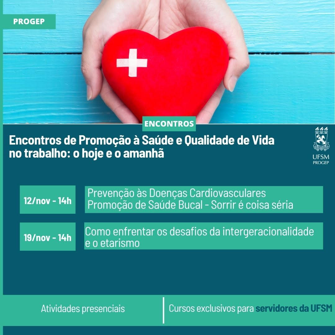 Imagem colorida horizontal em diferentes tons de azul. Ao centro, duas mãos seguram um coração vermelho com uma cruz branca. O cartaz traz as informações disponíveis no texto sobre as duas capacitações em saúde