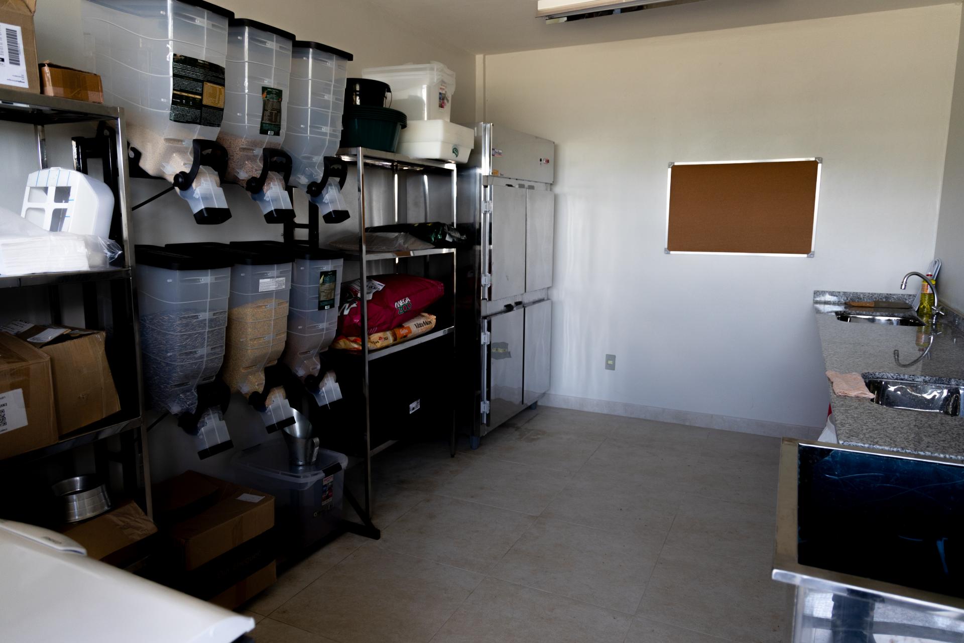 Foto no interior de uma sala de paredes brancas. No lado direito, há uma bancada com uma pia. No lado esquerdo, há prateleiras com caixas de papelão, várias caixas transparentes contendo rações e alimentos, e pacotes grandes de alimentos.