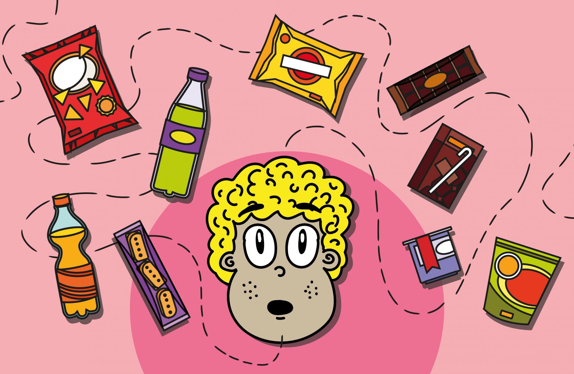 Uma ilustração vertical em estilo cartoon com fundo rosa claro. No centro, há um menino branco, com cabelo loiro e cacheado. Ele está cercado por vários alimentos ultraprocessados ao seu redor. Linhas pretas conectam o menino a cada um dos lanches, os itens têm contornos pretos grossos e cores vibrantes.