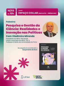 card colorido foto de um homem, capa de um livro e texto com título da palestra, data e local.