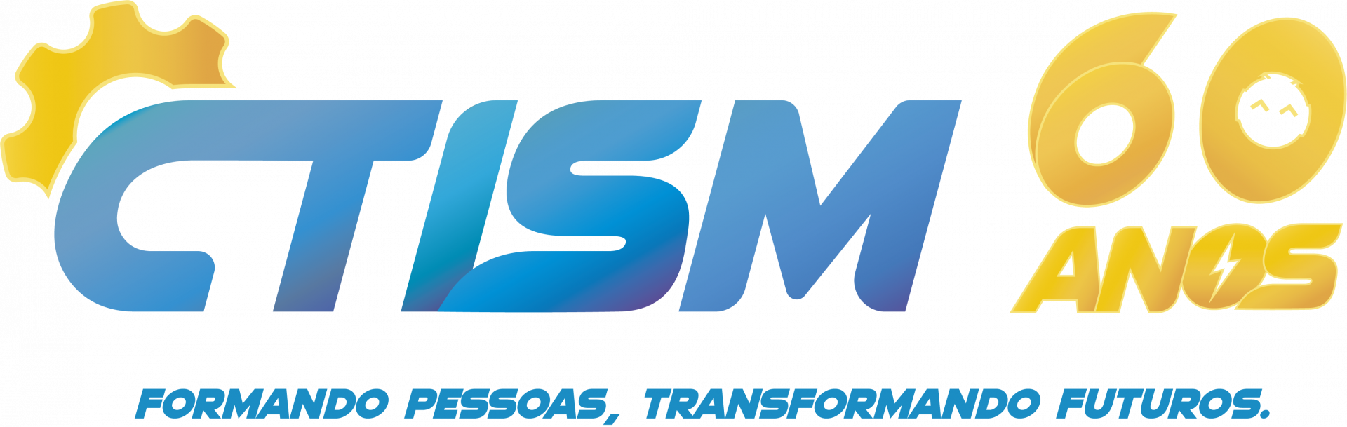 Marca comemorativa em azul e amarelo escuro. Em destaque, a sigla CTISM em maiúsculas azuis. A fonte é estilizada, com a haste do C emendada com o T e o I emendado com o S. Logo abaixo, em fonte menor, o slogan "Formando pessoas, transformando futuros". No canto direito, "60 anos" em amarelo escuro.  O zero traz um par de olhos piscando e o "o" da palavra anos traz um raio. A marca ainda traz uma engrenagem semicircular em amarelo posicionada acima do C. 