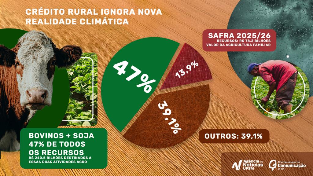 Gráfico colorido horizontal da distribuição do recurso do Plano Safra. Ao centro, um gráfico pizza, com destaque para 47% em verde, que sinaliza o valor para criação de bovinos e para plantação de soja; em vermelho 13,9% valor da agricultura familiar. Do lado direito, a figura de um agricultura em uma hora. E do lado esquerdo, um boi. No canto direito inferior, as marcas da Coordenadoria de Comunicação e da Agência de Notícias