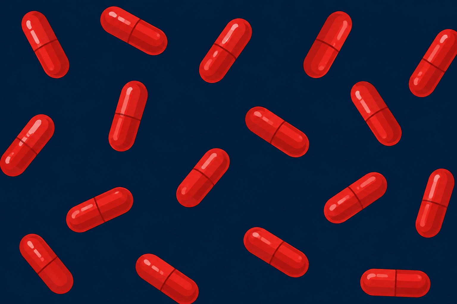 Ilustração com fundo azul-marinho escuro e várias cápsulas vermelhas espalhadas pela imagem, em referência à estética da cultura “redpill”. A composição é minimalista, com contraste entre o vermelho intenso das pílulas e o fundo escuro.