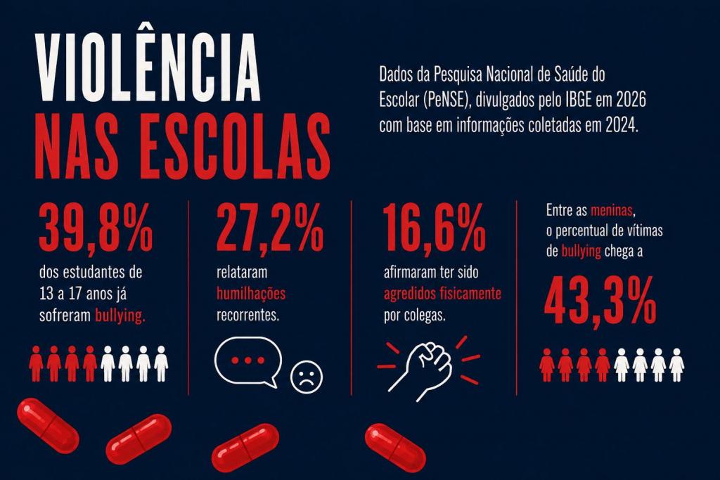 Infográfico com fundo azul-marinho e detalhes em vermelho e branco. O título “VIOLÊNCIA NAS ESCOLAS” aparece em destaque. A imagem apresenta dados da pesquisa PeNSE sobre bullying, humilhações e agressões entre estudantes de 13 a 17 anos, além do percentual de meninas vítimas de bullying. Cápsulas vermelhas aparecem na parte inferior da arte.