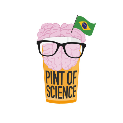 Imagem colorida vertical com a marca do Pint of Science. Dentroe de um copo de cerveja com o nome do evento, um cérebro com óculos. No canto direito do cérebro, uma bandeirinha do Brasil fincada.