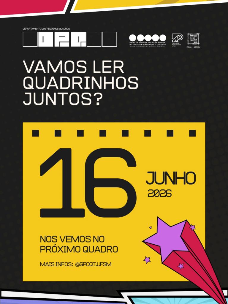 Peça gráfica vertical com fundo em preto e uma área em amarelo, em formato de calendário com destaque para o dia 16 de junho. Tem um convinte: Vamos ler quadrinhos juntos". Ao final: "nos vemos no próximo quadrinho". Ainda há uma estrela