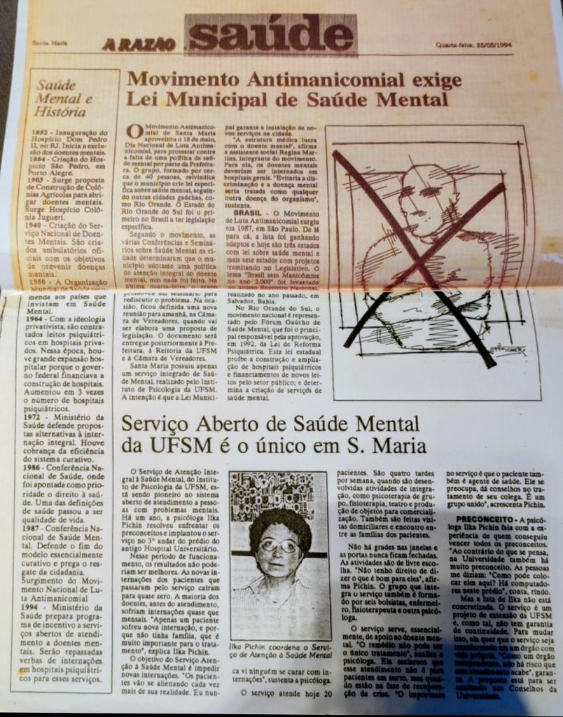 Reprodução do jornal A Razão com artigo em defesa da Lei Municipal de Saúde Mental e notícia sobre o SAISM, com foto da coordenadora, uma mulher de cabelo curto e escuro, com óculos