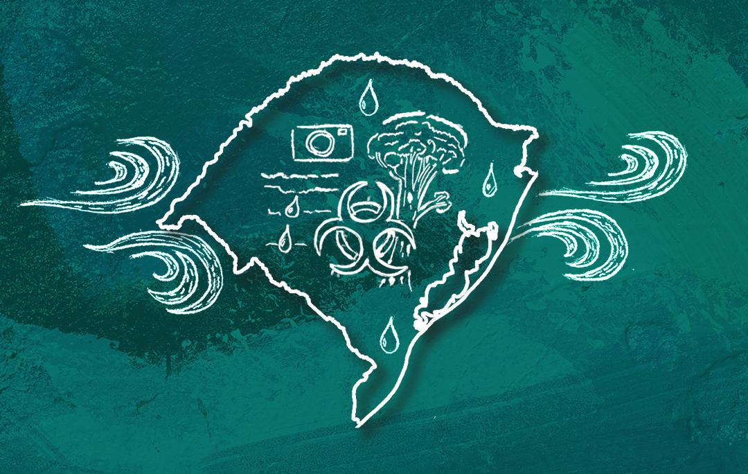 Ilustração colorida na horizontal que exibe um desenho digital sobre fundo em tons de verde-azulado. No centro, o contorno do mapa do Rio Grande do Sul é representado por traços brancos. Dentro do mapa, aparecem ilustrações que remetem a impactos ambientais e aos projetos da reportagem, como uma câmera fotográfica, gotas de água, linhas onduladas que sugerem cursos d’água, um símbolo de risco biológico e a silhueta de uma árvore. Ao redor do mapa, há desenhos de ondas em movimento e mais gotas de água. A composição utiliza traços semelhantes aos de giz sobre uma superfície texturizada.