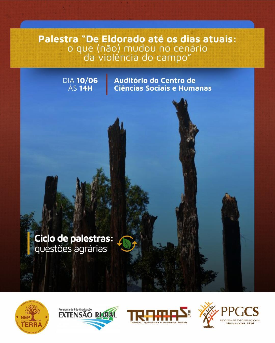 Imagem colorida do cartaz do evento com um evento feita ao entardecer de um ambiente rural. O texto traz os nomes dos convivados e da palestra. No rodapé, as marcas dos quatro realizadores. 