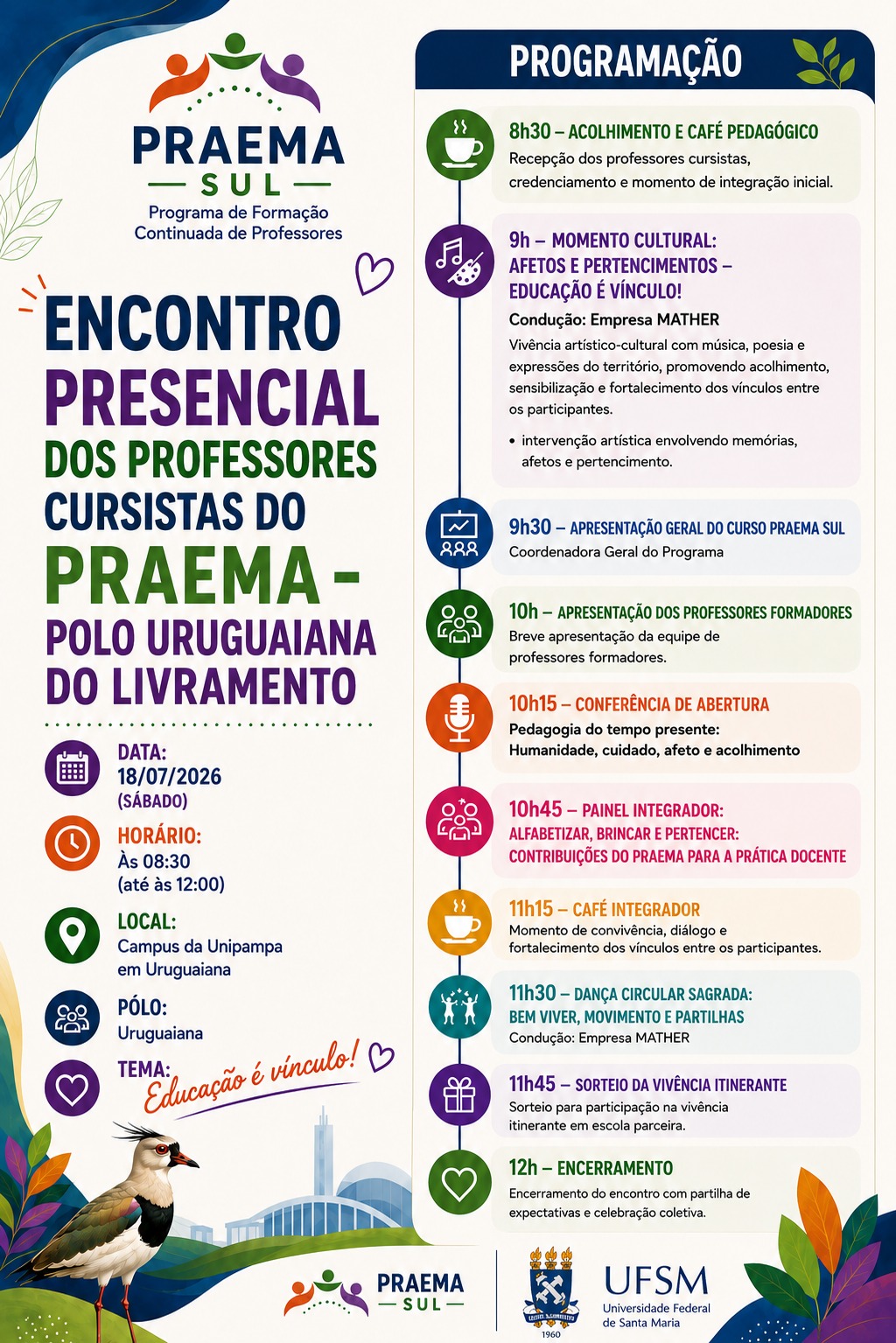Folder da programação com fundo claro e texto colorido divido em duas colunas. O texto destaca da programação: que terá conferência, palestra, dança circular, momento cultural e café