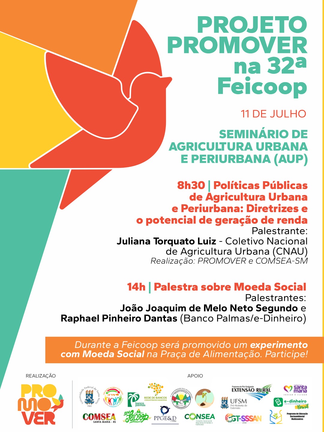 Cartaz sobre a participação do projeto Promover na Feicoop com fundo branco e desenho de uma pomba em vermelho. O texto do cartaz traz a programação, que está melhor explicado na matéria