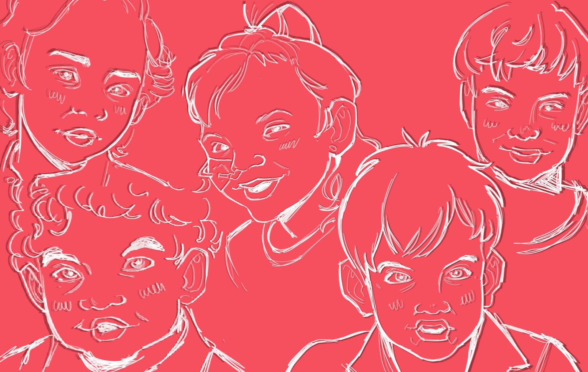 Ilustração com traços em branco sobre fundo vermelho claro. Na imagem, cinco crianças com algumas características da síndrome, como os olhos distantes e estrábicos.