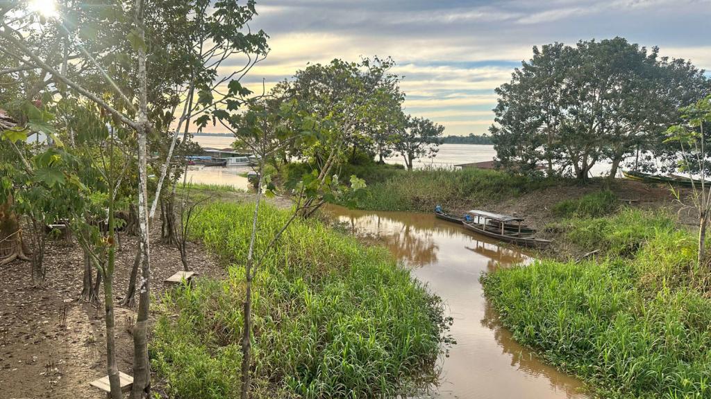 Foto colorida horizontal registra uma paisagem de rio e de vegetação da Amazônia. Em primeiro plano, há um pequeno curso de rio marrom com vegetação rasteira à sua margem, cercado por árvores mais frondosas. À direita, um pequeno barco de madeira está na margem do rio. Ao fundo, o curso de água se encontra com o rio, onde também é possível observar outros barcos pequenos de madeira e casas simples. O céu está parcialmente nublado, com a luz do sol atravessando as árvores no canto superior esquerdo da imagem.