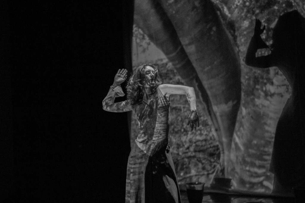 Fotografia em preto e branco, horizontal, de uma performance de TCC em dança. Destaca uma bailarina sob sombras projetadas no seu corpo e vestuário. No centro, em plano médio, uma bailarina com cabelo ondulado, na altura dos ombros, dança com o braço direito levantado com a mão espalmada para cima e o braço esquerdo dobrado ao nível do peito