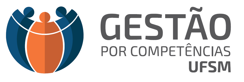 Marca com circulo azul e laranja com três bonecos, sendo dois azuis e um laranja seguido pelo texto escrito "Gestão por competências UFSM"