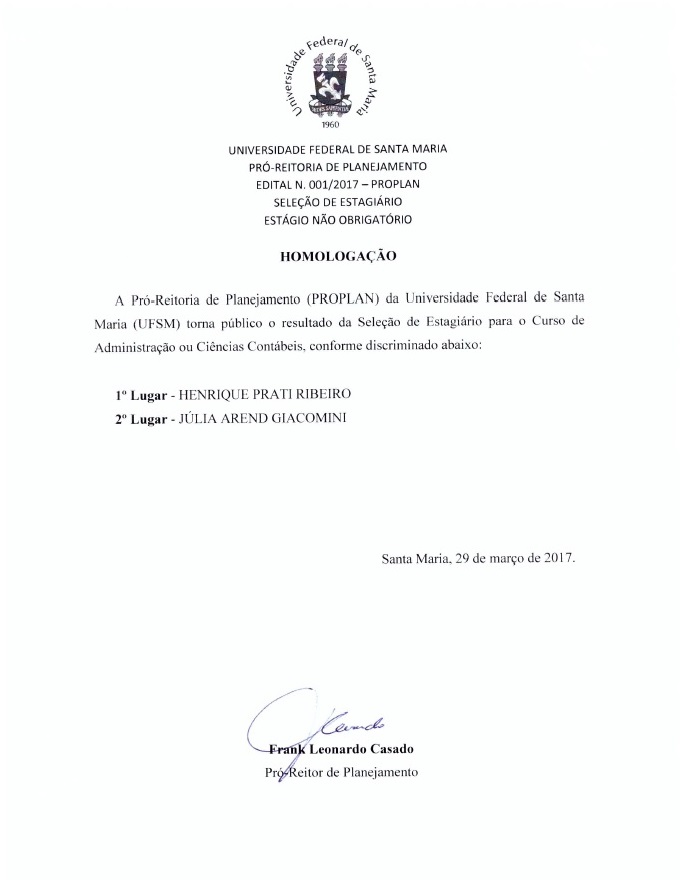 Homologação de resultado - Estágio não obrigatório