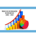 Fundo branco e linhas azuis. Gráfico colorido, com seta vermelha mostrando aumento. Frase em preto: "Índice de distribuição de recursos (IDR) - 2019"