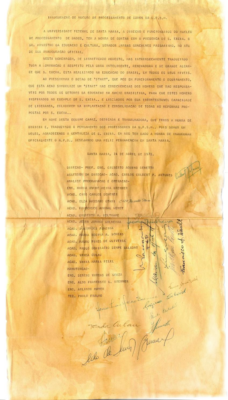 Carta de inauguração do núcleo de processamento de dados