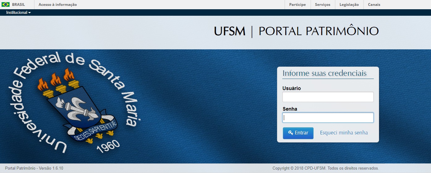 Tela inicial azul para acessar ao portal de patrimônio, com caixa de texto para ser inserido usuário e senha comum a todos os portais