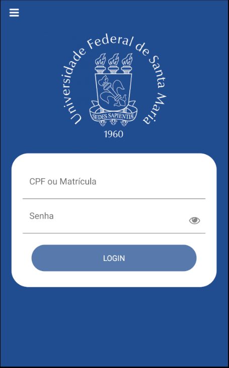 Captura de tela da nova página de login do aplicativo, que possui um azul em tonalidade mais escura, brasão da UFSM em branco na parte de cima e campos para inserir o CPF e a matrícula ao centro, em uma caixa arredondada branca. Abaixo, em azul, há o botão "login"