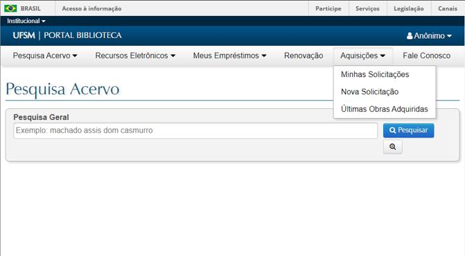 Captura de tela da página inicial do Portal Biblioteca, mostrando as opções dentro do menu "Aquisições": Minhas solicitações, Nova solicitação e Últimas obras adquiridas.