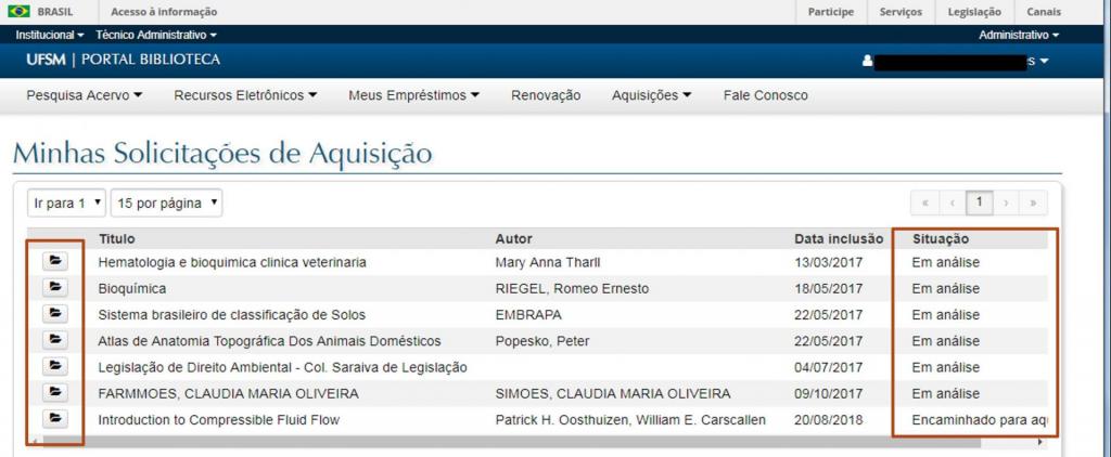 Captura de tela da página Minhas solicitações de aquisição, mostrando a localização do ícone de pasta (à esquerda) e a coluna "Situação" (à direita).